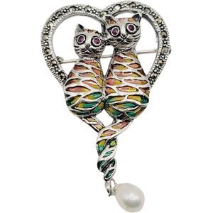 Sterling Silver Plique Enamel Cats In Love Heart Pendant Brooch Ruby Eyes Pearl